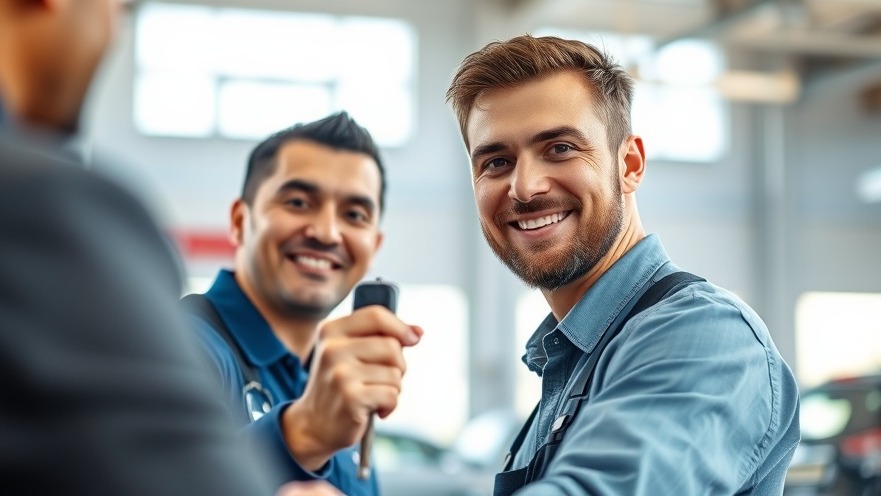 A mechanic shares a confident smile with a customer, enhancing community engagement.