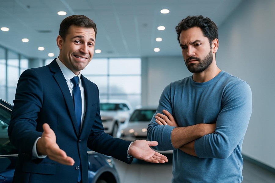 Frustrated car salesperson selling to skeptical customer in bright showroom.