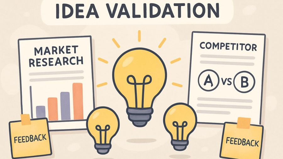 Illustration of auto repair market research showing feedback, competitor analysis, and ideas.