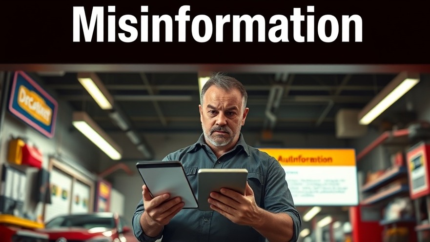 Worried auto repair shop owner confronting misinformation affecting their business online presence.