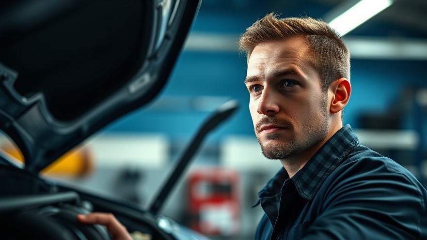 Confident auto mechanic inspired by shop efficiency in bright workshop.