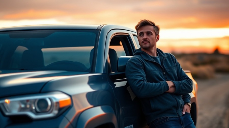 Thoughtful driver beside a clean Toyota Tacoma, spotlighting durability and Toyota reliability.