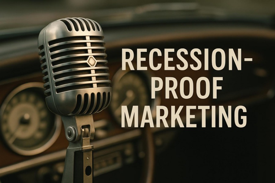 Stylish vintage microphone on classic car dashboard for recession-proof marketing strategies.