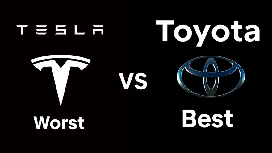Car Reliability Rankings comparison with Tesla and Toyota logos.