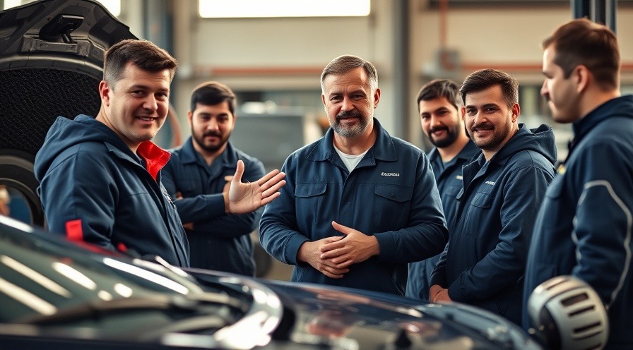 Auto repair shop team building with a supportive manager empowering diverse mechanics.