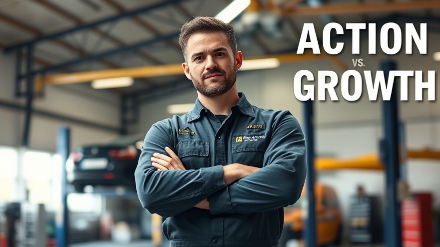 Confident mechanic in branded overalls at auto repair shop, showcasing strong business operations.
