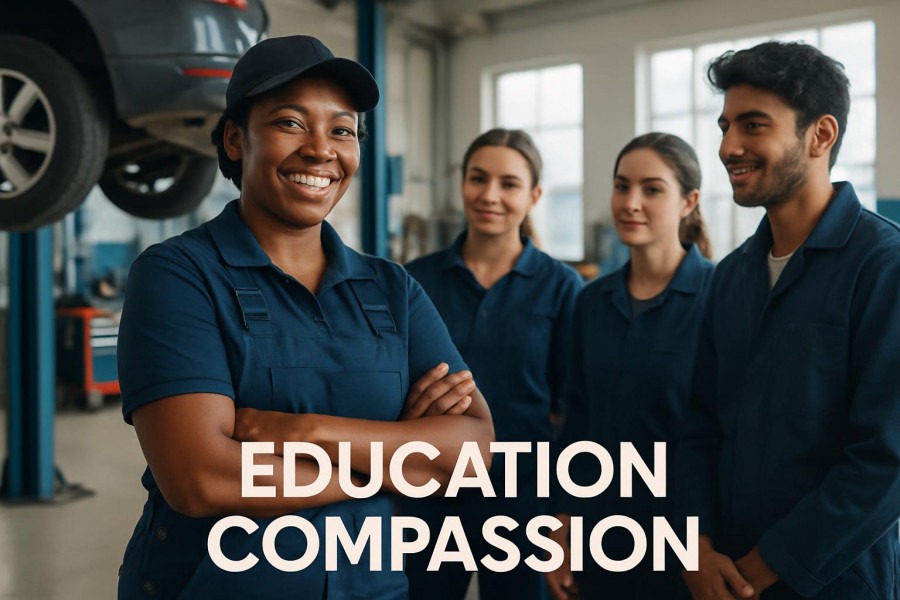 Confident auto mechanic teaches diverse apprentices in a bright garage, promoting community engagement in auto repair.