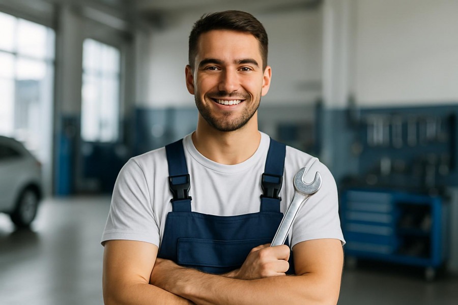Confident mechanic in work overalls in modern garage, showcasing automotive aftermarket opportunities.