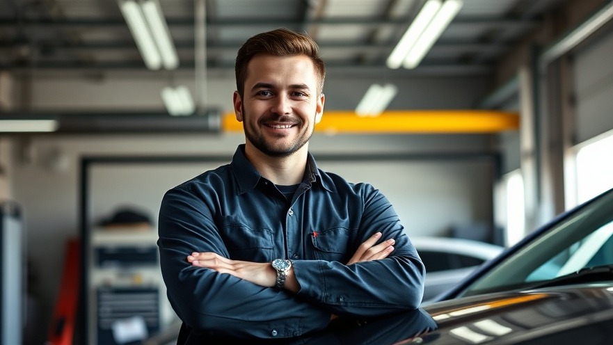 Focused auto repair shop owner exuding confidence, reflecting strong work culture.