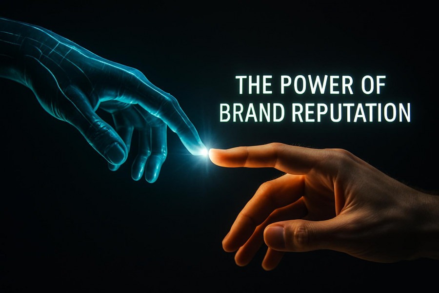 Futuristic hand connecting with human hand, symbolizing customer loyalty and brand trust.