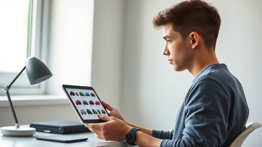 Thoughtful young adult evaluating car buying tips on a tablet at a minimalist desk.