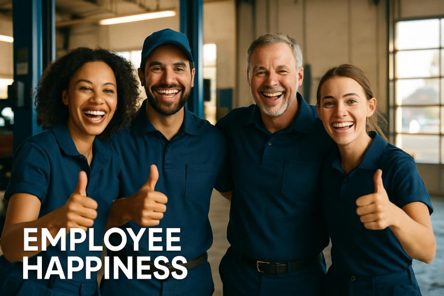 Diverse auto repair team shows employee satisfaction with smiles and thumbs-up.