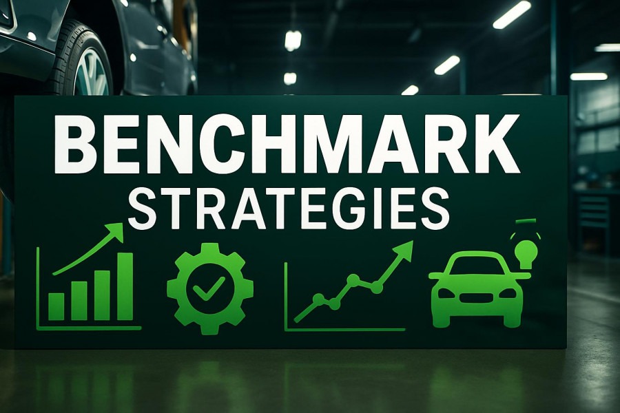 Dynamic auto repair benchmarks banner showcasing data-driven decisions and customer experiences.
