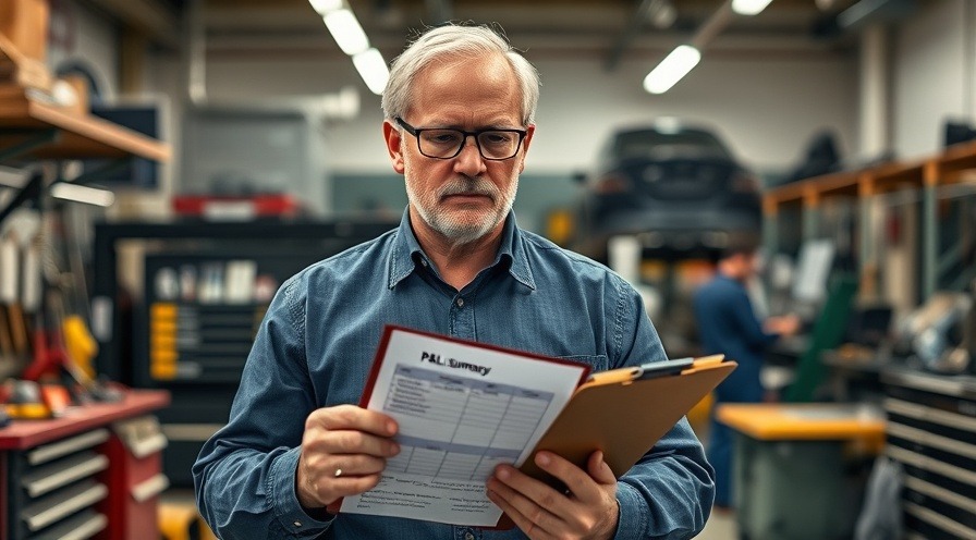 Middle-aged man reviewing P&L summary in repair shop, highlighting repair inefficiencies.