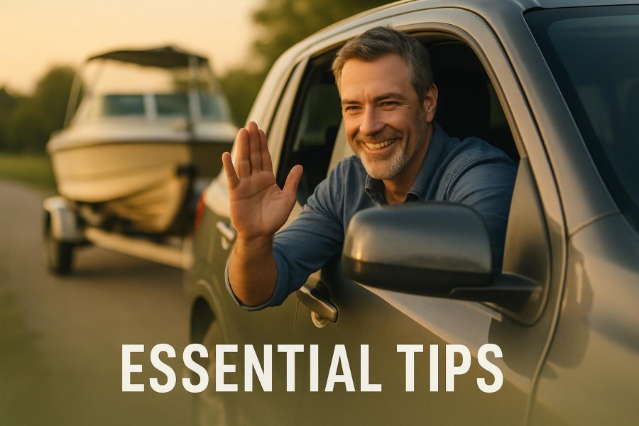 Middle-aged man reverse directing a boat trailer using trailer backup techniques.