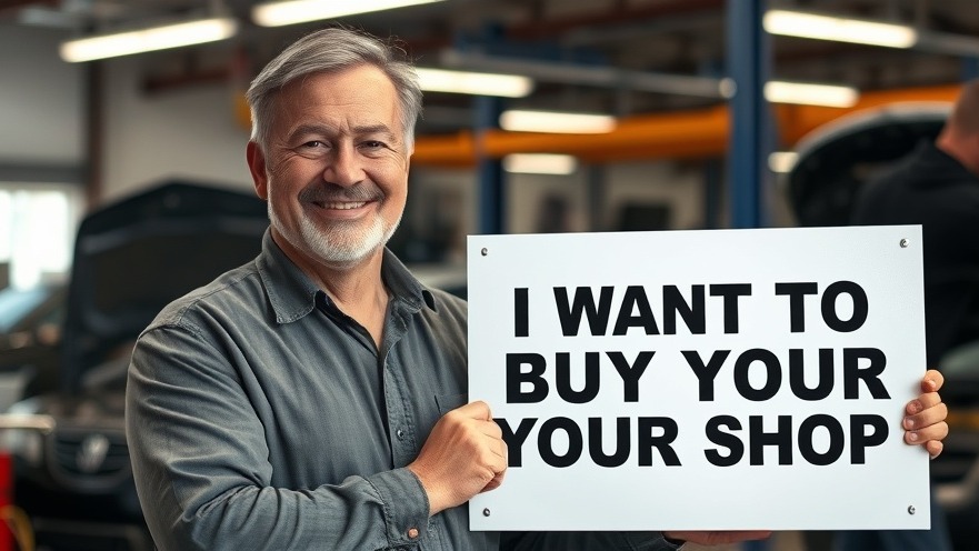 Middle-aged man in an auto repair shop holding 'I Want To Buy Your Shop' sign, smiling confidently.