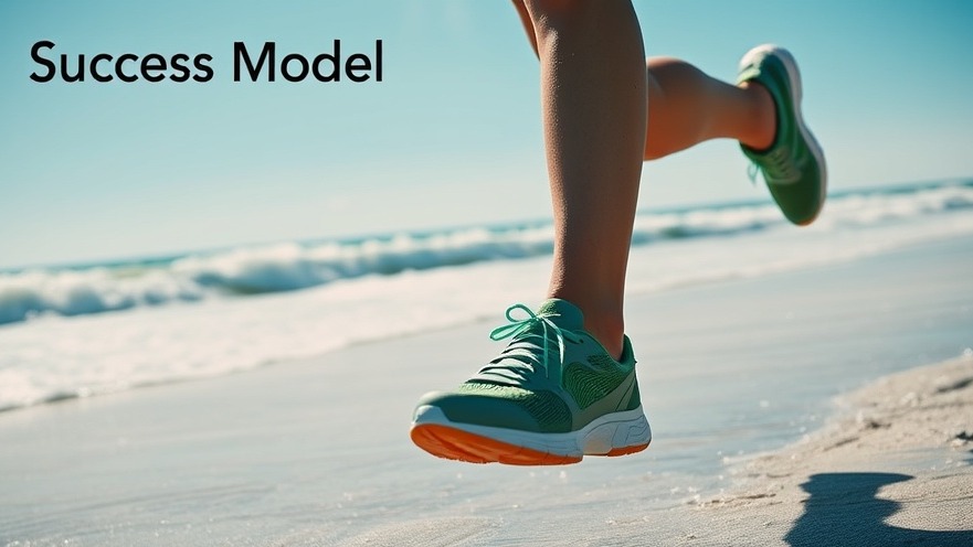 Joyful runner in minimalist footwear on beach, showcasing health and wellness.