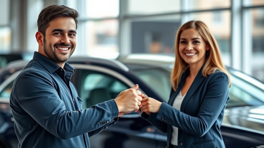 Smiling dealership employee hands keys to satisfied customer, showcasing customer loyalty in automotive industry.
