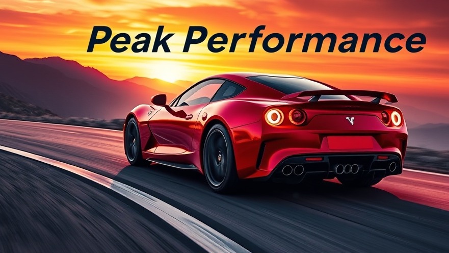 Sleek red sports car on a mountain road at sunset, epitomizing peak performance.