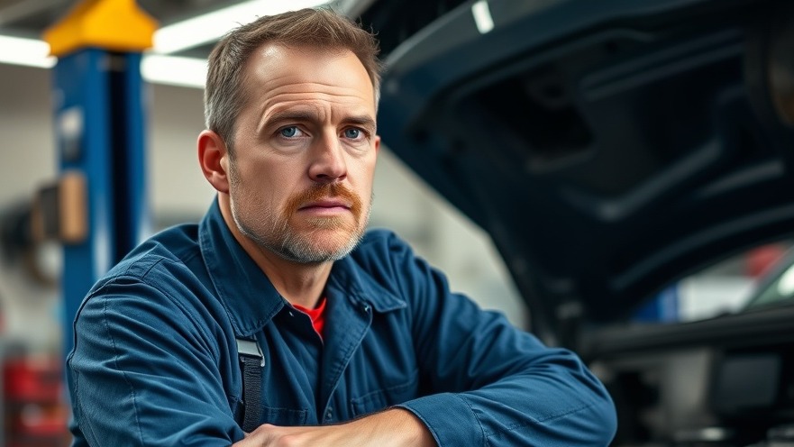 Confident auto repair shop owner deep in thought, showcasing auto repair marketing.