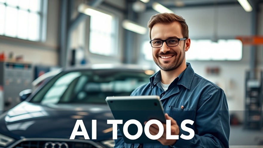 Confident mechanic using auto shop technology with a diagnostic tablet in a bright workshop.