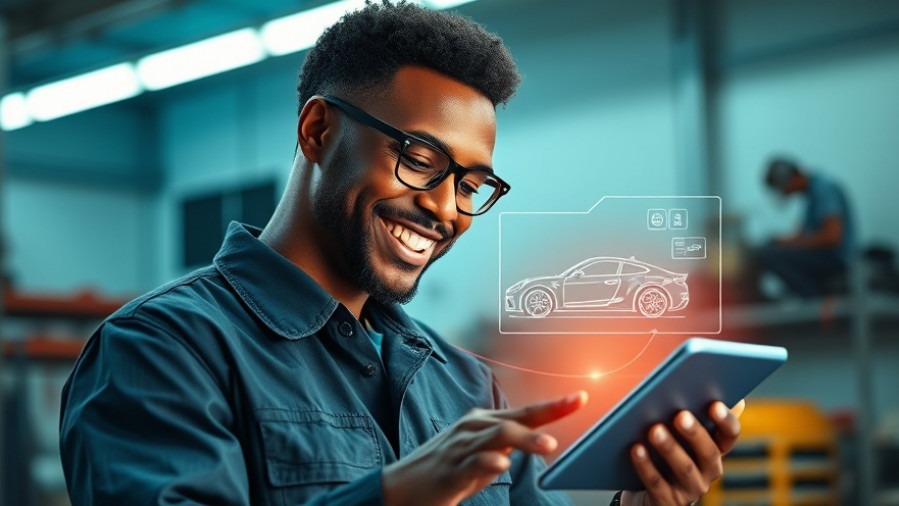 Smiling auto technician using touchscreen tablet, showcasing AI cloud infrastructure innovations.