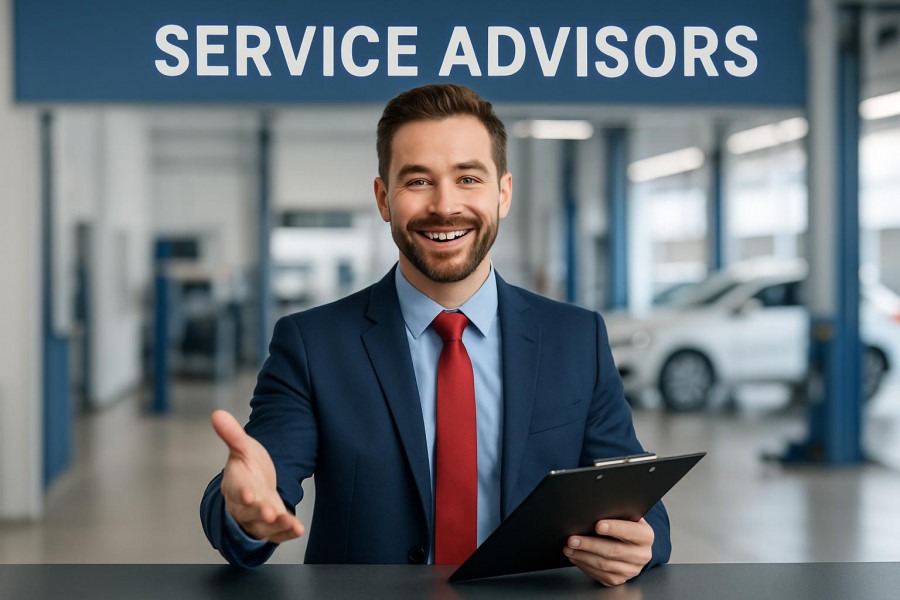 Friendly service advisor welcoming customer at modern auto repair shop, highlighting customer experience.