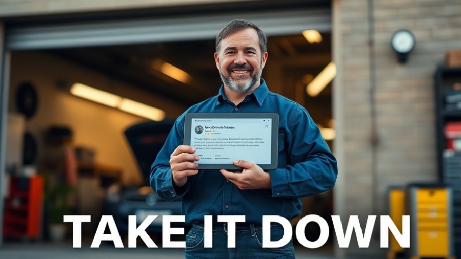 Confident auto repair owner with tablet, highlighting online reputation management in bipartisan legislation.