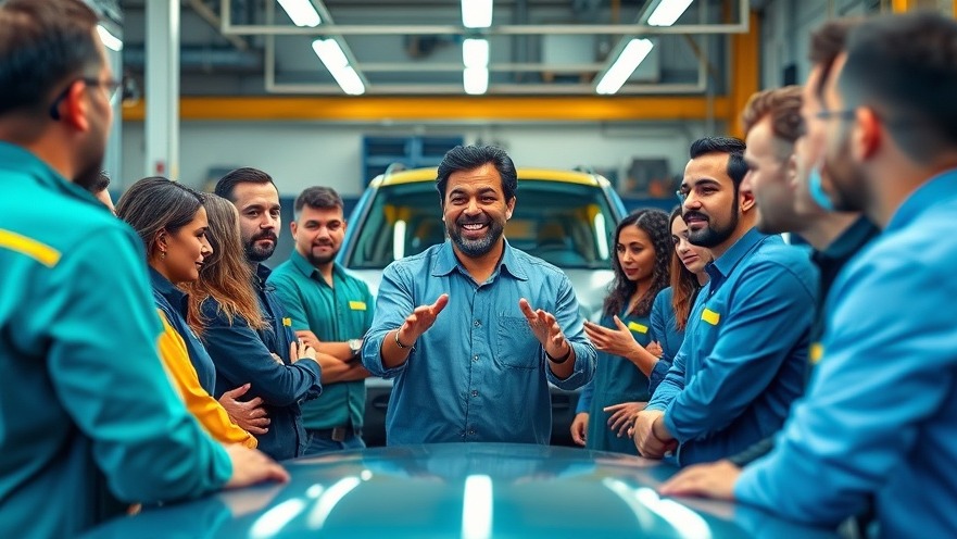 Enthusiastic coaching session on auto repair business growth in a modern workshop.
