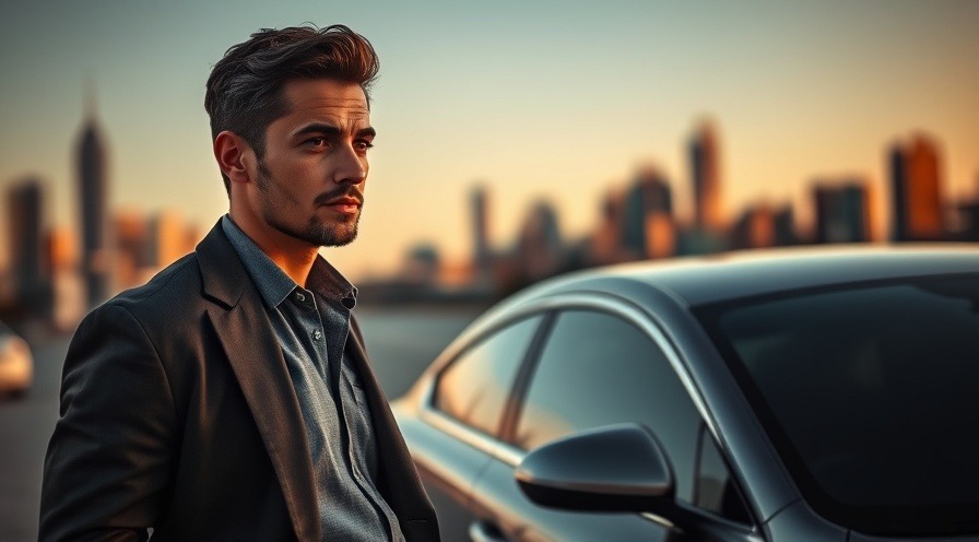 Stylish individual evaluating luxury vehicle features at sunset for car buying insights.