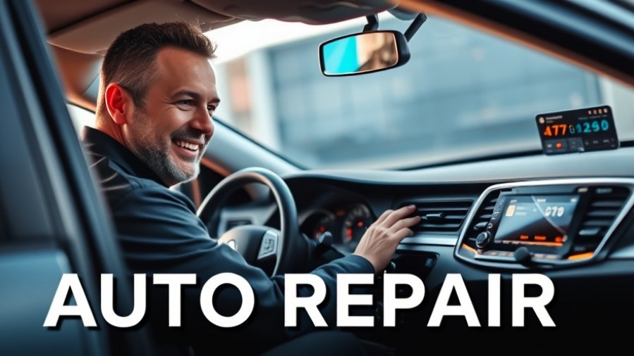 Smiling auto technician with a modern car dashboard showcasing vibrant infotainment systems.