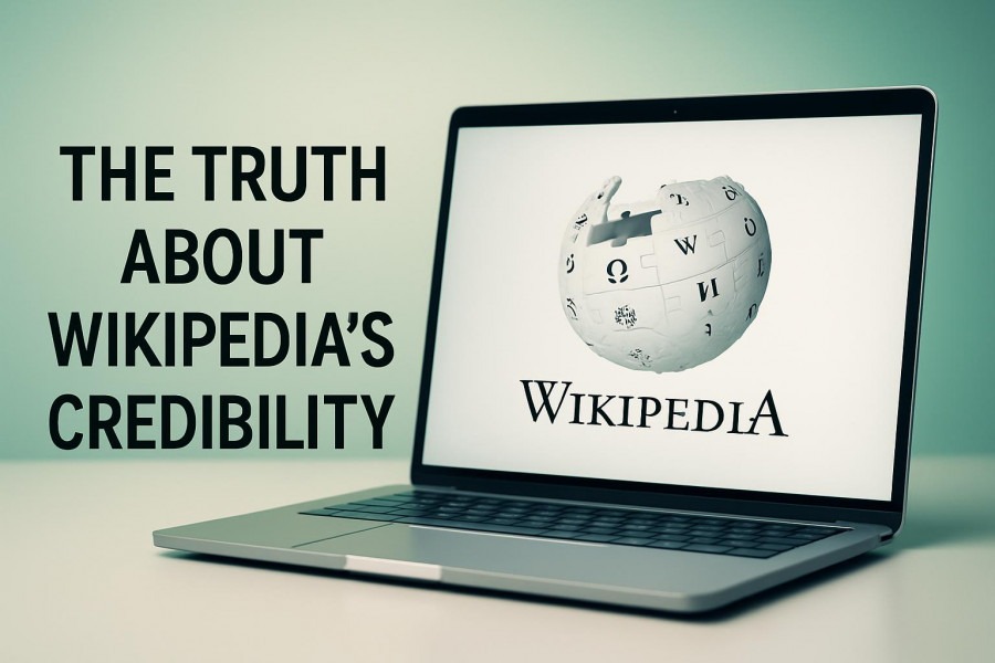 Sleek laptop with Wikipedia logo discussing Wikipedia credibility in automotive repair.