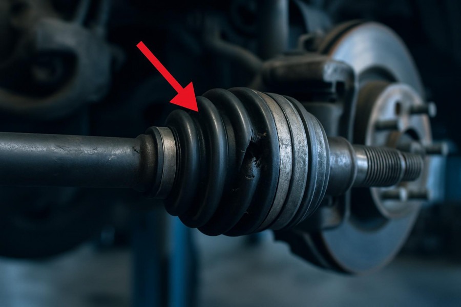 Close-up of a damaged car CV axle in a workshop, emphasizing auto repair details.