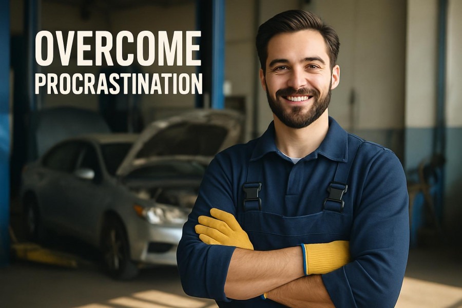 Confident auto shop worker promotes efficiency in auto repair with a smile.