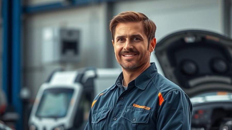Optimistic auto repair shop owner with diagnostic tools, embodying automotive repair technology.