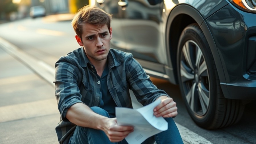 Concerned young man with a crumpled paper reflects on electric vehicles and car industry struggles.