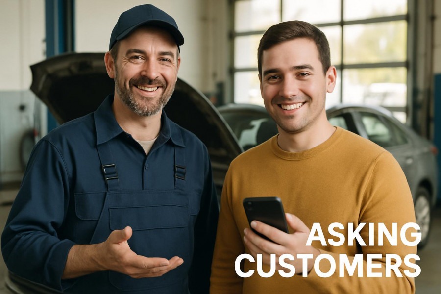 Smiling auto repair shop owner encourages customer review for online reputation management.