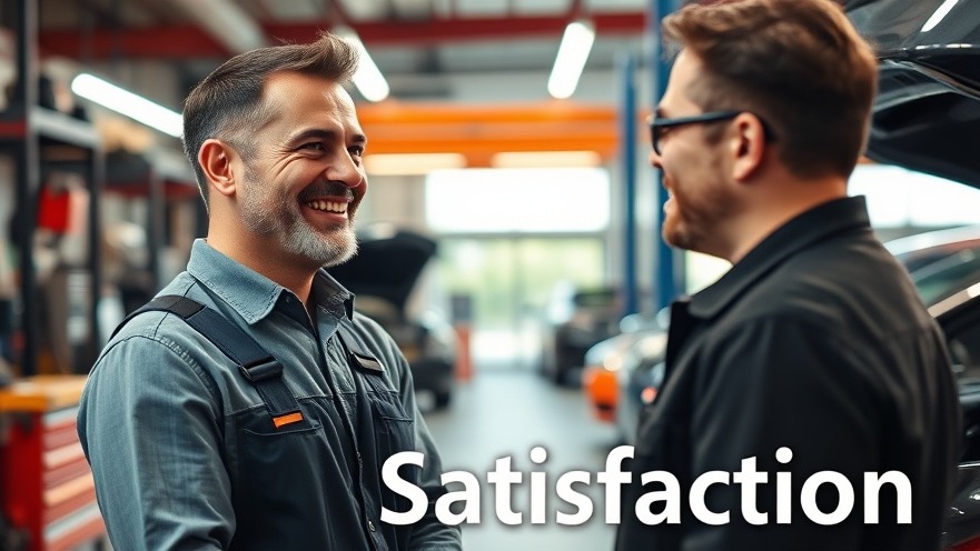 Satisfied customer and smiling mechanic in a vibrant auto repair shop.