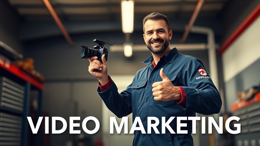 Confident mechanic with camera in brightly-lit garage, promoting auto repair shop marketing.