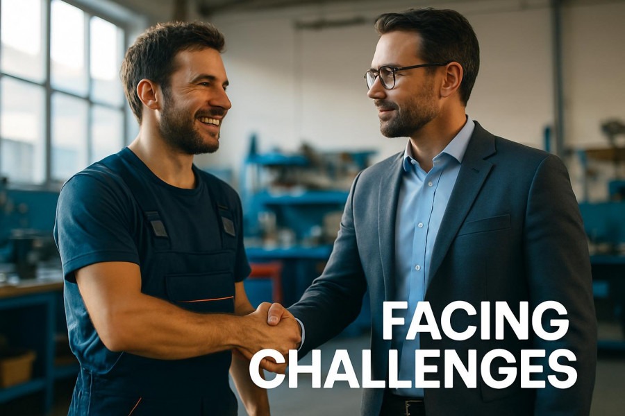 Manager and technician handshake in a bright workshop, highlighting automotive repair staffing strategy.