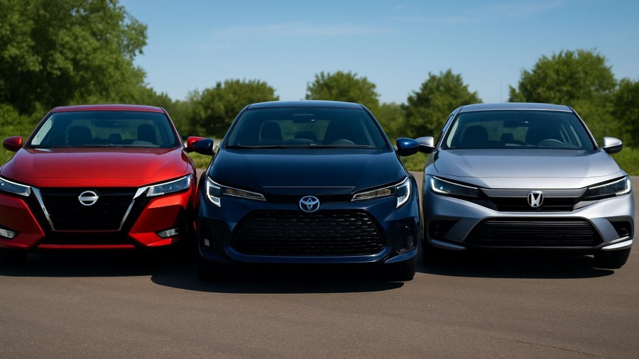2026 Nissan Sentra, Toyota Corolla, and Honda Civic compact cars comparison with car safety features.