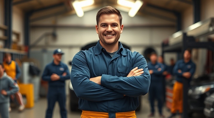 Confident auto shop manager exemplifying effective communication and team engagement.