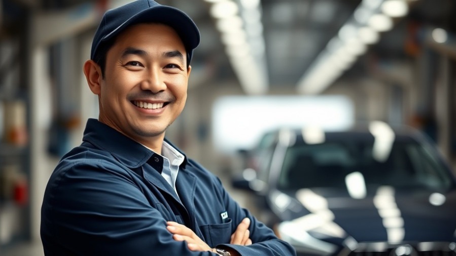 Confident Japanese auto engineer showcasing Toyota build quality in a professional setting.