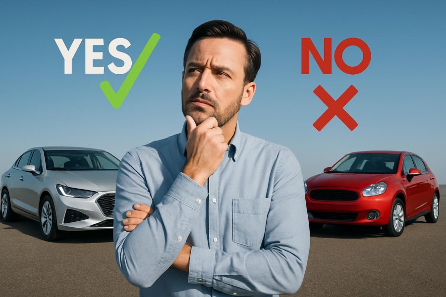Thoughtful man comparing car reliability with check and cross marks under a clear blue sky.