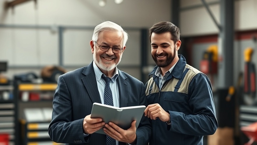 Confident CFO discusses auto repair financial management benefits with shop manager.