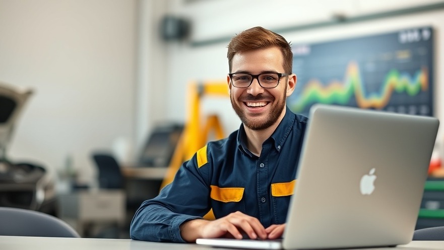 Cheerful auto repair manager on video call, showcasing remote work benefits.