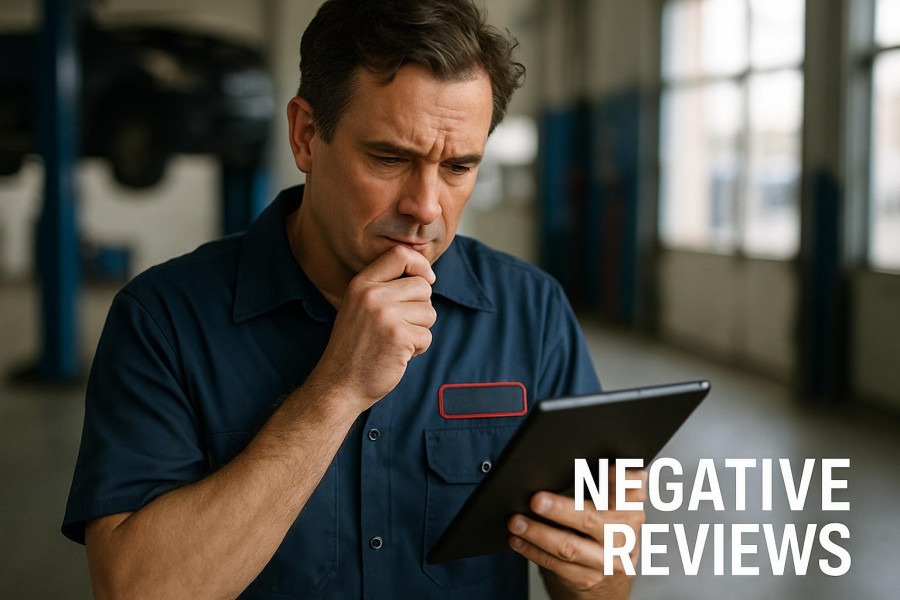 Concerned auto shop owner engaging with customer feedback on tablet, emphasizing transparency in business.