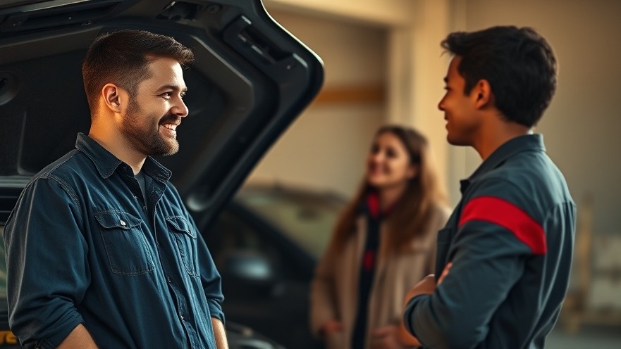 Friendly mechanic and customer exuding transparency and trust in an auto repair setting.