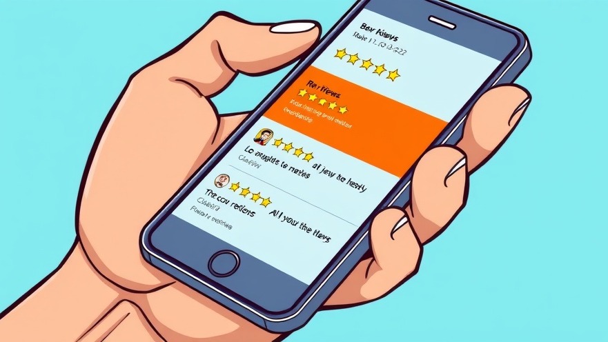 Cartoon of a hand holding a smartphone with reviews, highlighting customer feedback management.