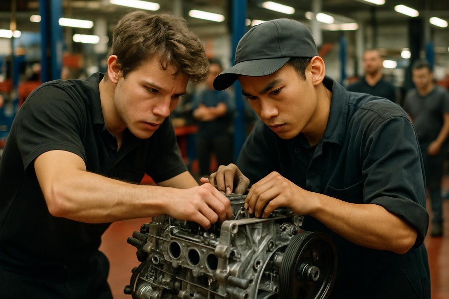 Young technicians in automotive education focus on engine assembly, AAPEX competition.